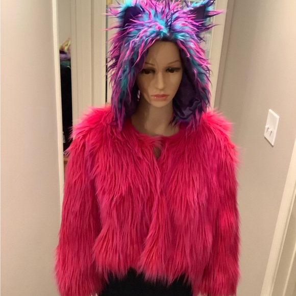 INC Hot Pink Faux Fur Rave Punk Glam Crop Bolero Jacket Size Large - Picture 7 of 15